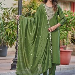 Navlik Floral Embroidered Chanderi Cotton U-Neck Straight Kurta With Trousers And Dupatta-picture-27