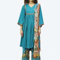 Biba Women Turquoise Blue Floral Empire Sequinned Kurta with Palazzo With Dupatta-image-24