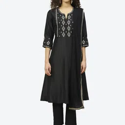 Biba Women Black Floral Embroidered Kurta with Trousers & Dupatta-picture-15