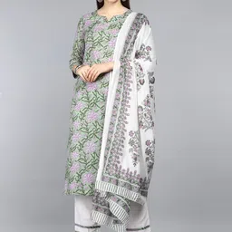 AHIKA Women Green & White Floral Printed Pure Cotton Kurta with Trouser & Dupatta-image-33