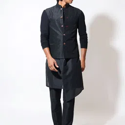 VIVEK KARUNAKARANMandarin Collar Straight Kurta With Churidar And Nehru Jacket-image-99