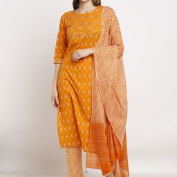 Rajnandini Women Orange Bandhani Printed Pure Cotton Kurta with Trousers & With Dupatta-picture-4