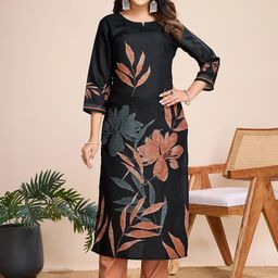 MOJILAA Women Floral Printed Regular Sequinned Linen Kurta with Trousers-27