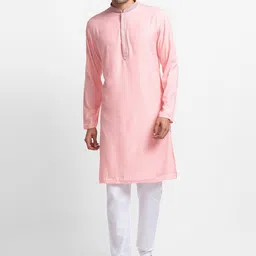 SARVAMOHAN Men Peach-Coloured Woven Design Kurta with Churidar-picture-5