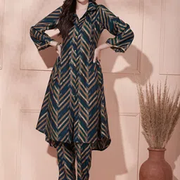 FASHOR Teal & Red Chevron Printed A-Line Kurta with Trousers-0