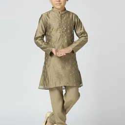 YK Boys Ethnic Motifs Woven Design Mandarin Collar Chanderi Cotton Kurta With Trouser-picture-56