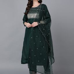 AHIKA Women Green Embroidered Straight Kurta With Trousers & With Dupatta-image-66