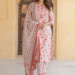 Jaitpuriya Women Floral Printed Regular Thread Work Pure Cotton Kurta with Trousers & With Dupatta-picture-16