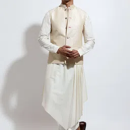 VIVEK KARUNAKARAN Mandarin Collar Straight Kurta with Churidar & Nehru jacket-image-64