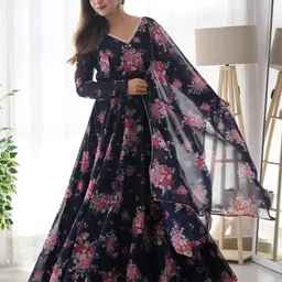 Wedani Floral Printed Georgette Gotta Patti Kurta With Harem Pants & Dupatta-picture-6