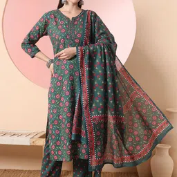 Yufta Green Floral Printed Regular Mirror Work Pure Cotton Kurta With Trouser With Dupatta-picture-39