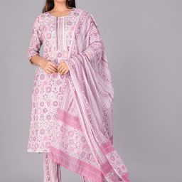 JAIPURI COLLECTION Ethnic Printed Mirror Work Pure Cotton Kurta with Trousers & Dupatta-29