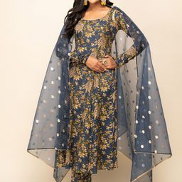 FIORRA Floral Printed Regular Pure Cotton A-Line Kurta With Trousers & Dupatta-image-62