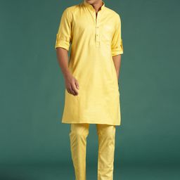 Sangria Yellow Mandarin Collar Roll-Up Sleeves Straight Kurta With Trouser-image-99