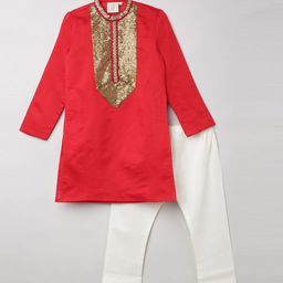BYB PREMIUM Boys Red Embroidered Sequinned Kurta with Pyjamas-40