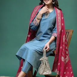 Ramas Embroidered Mirror Work Notch Neckline Straight Kurta & Trousers With Dupatta-picture-37