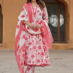 KALINI Floral Printed Pure Cotton Anarkali Kurta with Trousers & With Dupatta-3