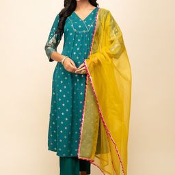 FIORRA Floral Printed Regular Zari A-Line Kurta with Trousers & Dupatta-16