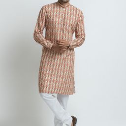 SARVAMOHAN Men Off White Ethnic Motifs Printed Kurta with Pyjama Set-picture-2