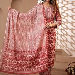 FASHION DEPTH Floral Printed Mirror Work Kurta & Trousers With Dupatta-95