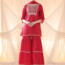 Anouk Floral Yoke Design Thread Work Pure Cotton Straight Kurta With Sharara & Dupatta image 4
