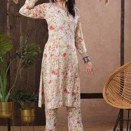 ADA Floral Printed Round Neck Regular Lucknowi Chikankari Kurta with Trousers-picture-22