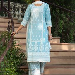 Juniper Women Blue Ethnic Motifs Printed Regular Sequinned Pure Cotton Kurta with Palazzos & With Dupatta-image-60