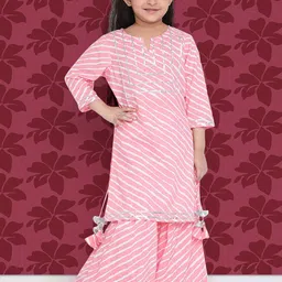 Indo Era Girls Leheriya Printed Regular Gotta Patti Kurta With Sharara & Dupatta-image-85
