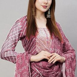 TRAHIMAM Leheriya Printed Regular Thread Work Kurta With Trouser With Dupatta image 5