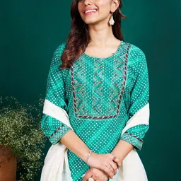 Anouk Bandhani Embroidered Sequinned Kurti with Trousers & Dupatta image 3