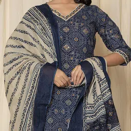 ALLEN WEAVE Ethnic Motifs Printed Mirror Work Pure Cotton Kurta With Pyjama And Dupatta image 2