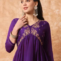 Anouk Violet Embroidered Empire Sequinned A-Line Kurta With Trousers & Dupatta image 3