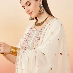 Sangria Floral Embroidered Pure Cotton Straight Kurta With Palazzo & Dupatta-picture-27