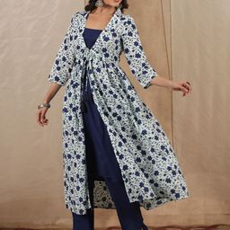 Sangria Square Neck Pure Cotton Straight Kurta With Trouser & Shrug Set-picture-33