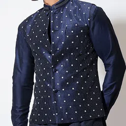 VIVEK KARUNAKARAN Striped Thread Work Straight Kurta with Pyjamas & Nehru jacket image 2