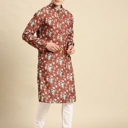 Sanwara Men Red Floral Printed Kurta with Pyjamas-picture-12