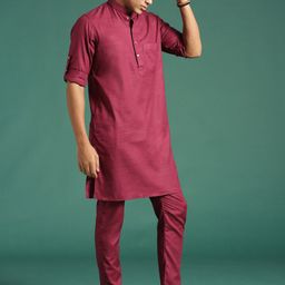Sangria Mandarin Collar Roll-Up Sleeves Straight Kurta With Trouser-28