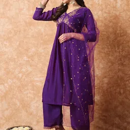 Anouk Violet Embroidered Empire Sequinned A-Line Kurta With Trousers & Dupatta image 2