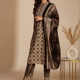 Anouk Grey Ethnic Motifs Printed Thread Work Kurta with Trousers & Dupatta image 2