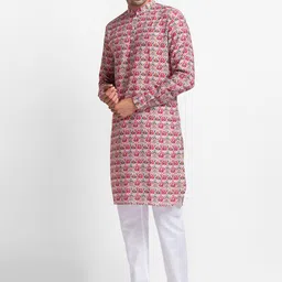 SARVAMOHAN Men Red Ethnic Motifs Printed Kurta with Pyjama image 5