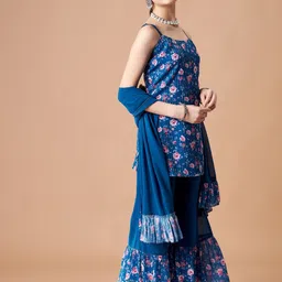 Cherry & Jerry Girls Floral Printed Regular Sequinned Kurta with Sharara & With Dupatta image 2