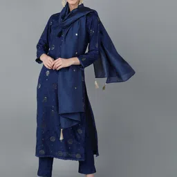 AHIKA Women Navy Blue Ethnic Motifs Printed Kurta with Trousers & Dupatta-picture-40
