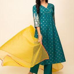 FIORRA Floral Printed Regular Zari A-Line Kurta with Trousers & Dupatta image 3