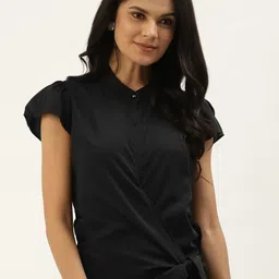 Belle Fille Black Solid Mandarin Collar Puff Sleeves Layered Regular Top with Tie-Ups-image-50