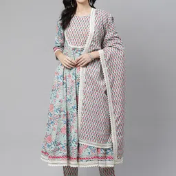 Divena Women Blue & Red Printed Pleated Pure Cotton Kurta with Trousers & Dupatta-picture-15