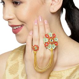 KARATCART Women Maroon & Mint Green Gold Plated Enamelled Adjustable Dual Finger Ring-image-23