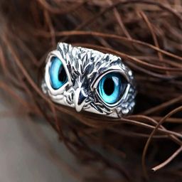 UNIVERSITY TRENDZ Silver-Plated Blue Stone-Studded Owl Adjustable Finger Ring-image-36