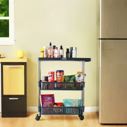 Multipurpose Slim 3-Layer Storage Trolley Rack with Wheels | Gray Plastic Kitchen Trolley-image-96
