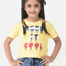 Crimsoune Club Girls Yellow Cotton Typography Printed T-shirt-image-101