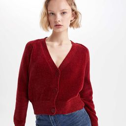 DeFacto Women Maroon Solid Crop Cardigan-image-3